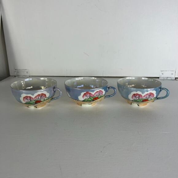 Vintage 40s Lusterware Tea Cup Set of Three Hand Painted Bone China JAPAN - Picture 8 of 10